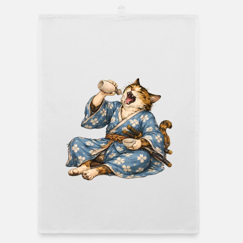 Samurai Cat Sake Japanese Ukiyo-e Style Organic dish towel