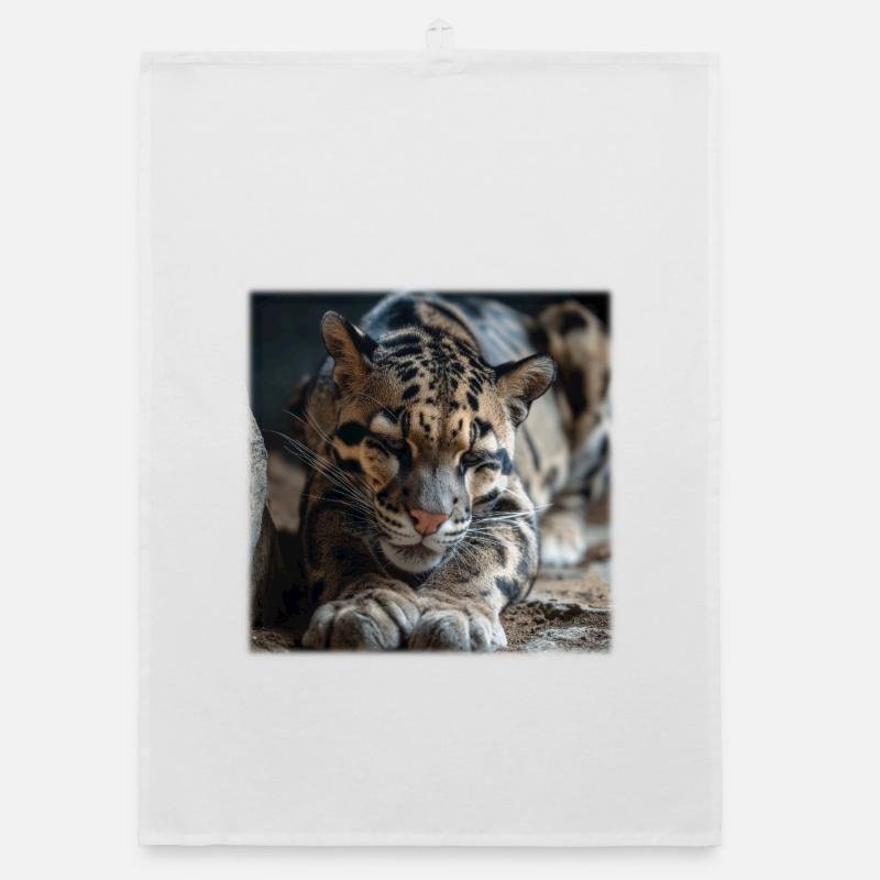 Clouded leopard resting pose Expressive wildcat Organic dish towel