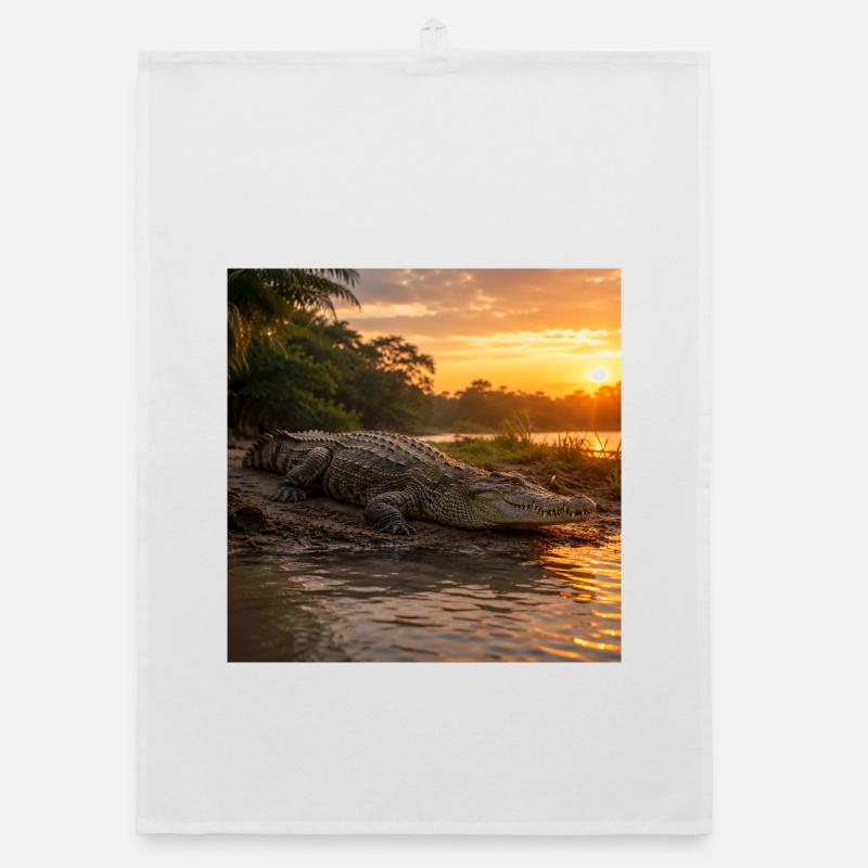 Sunset and crocodile by the river Organic dish towel