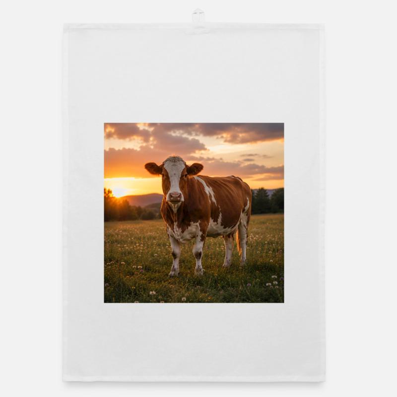 Coucher de soleil et vache dans la prairie - Torchon bio - blanc