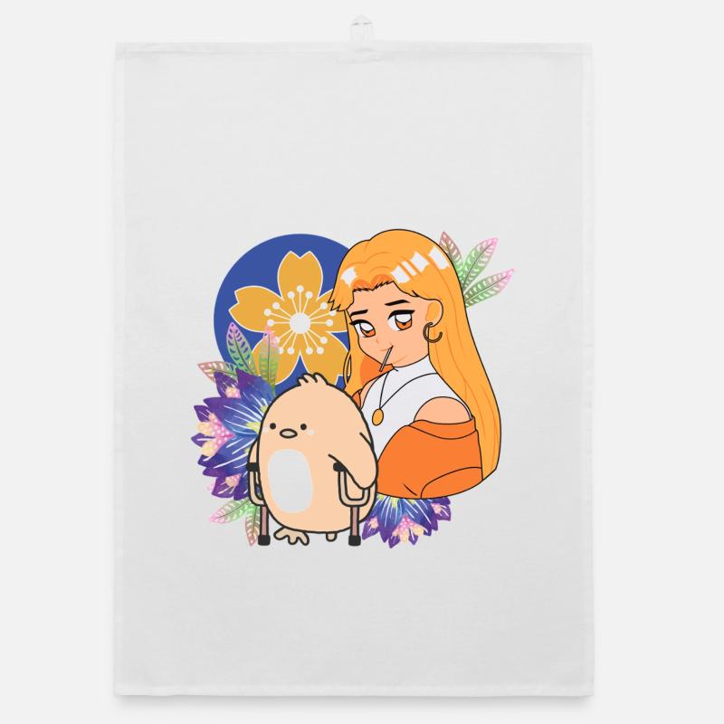 Anime-Mädchen und Vogel mit Krücken-Kunst Organic Geschirrtuch