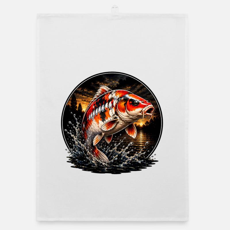 Red White Koi Carp Sunset Design Organic dish towel