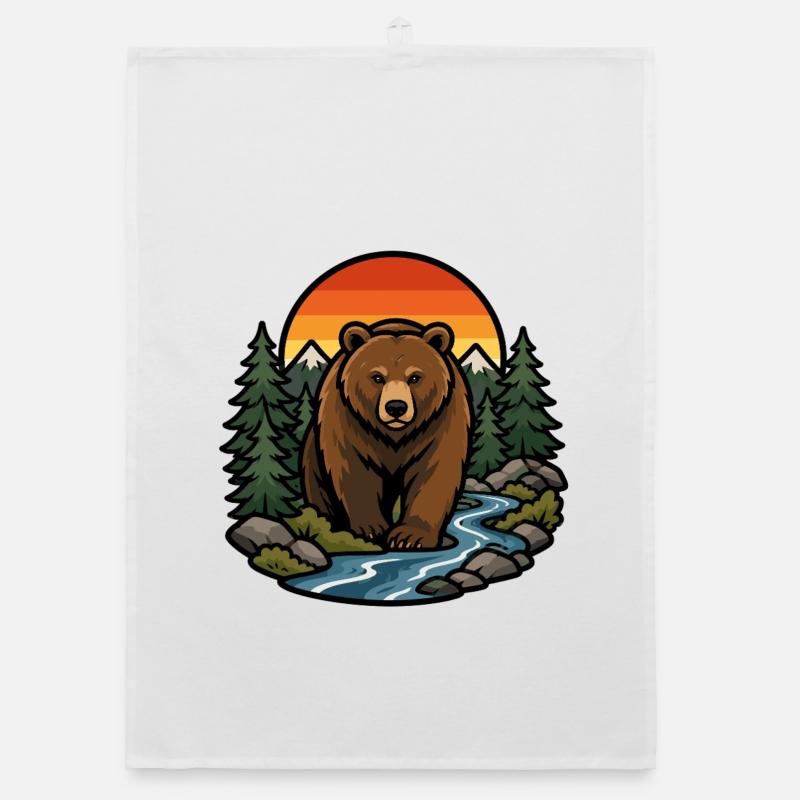 Ours brun en forêt coucher de soleil Torchon bio
