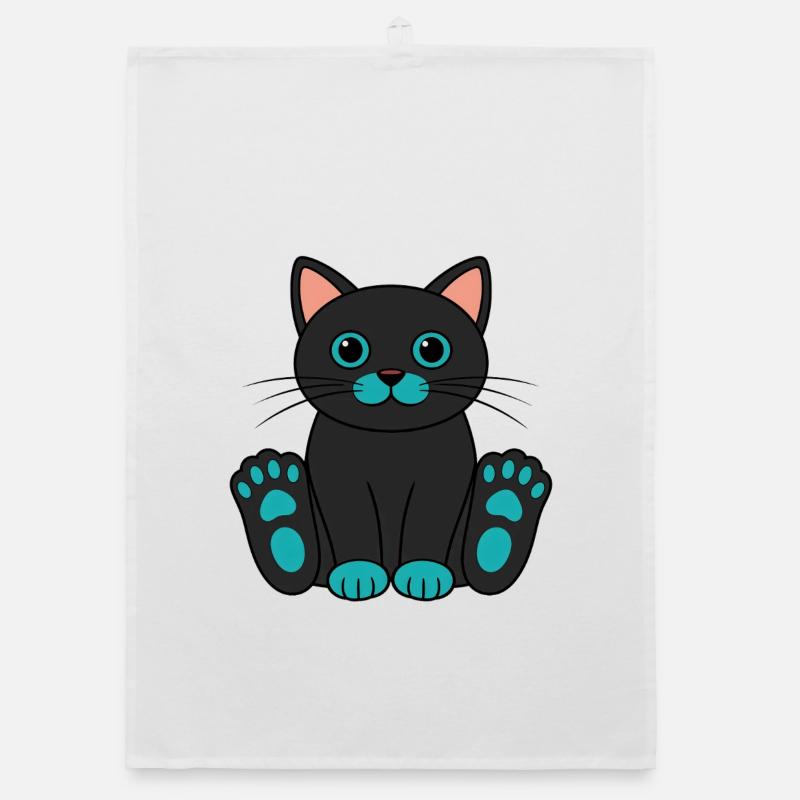 Chat noir de dessin animé avec des pattes turquoise - Torchon bio - blanc