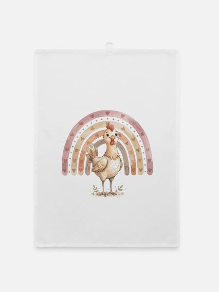 Niedliches Boho Huhn mit Regenbogen Aquarell - Organic Geschirrtuch - Weiß