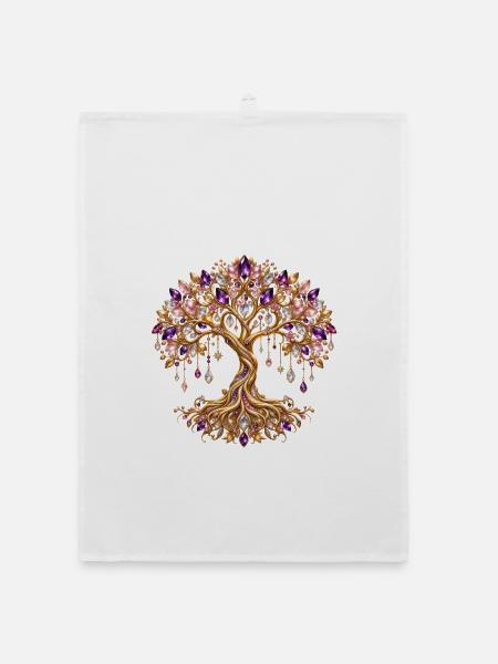 Kristall Lebensbaum – Goldener Baum des Lebens - Organic Geschirrtuch - Weiß