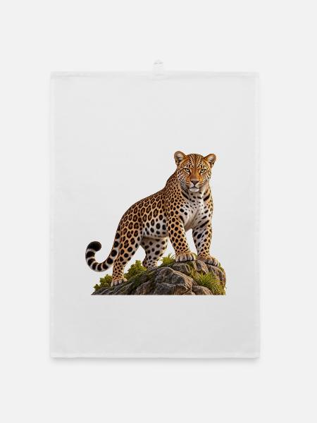 Leopard Realistisch auf Felsen - Organic Geschirrtuch - Weiß