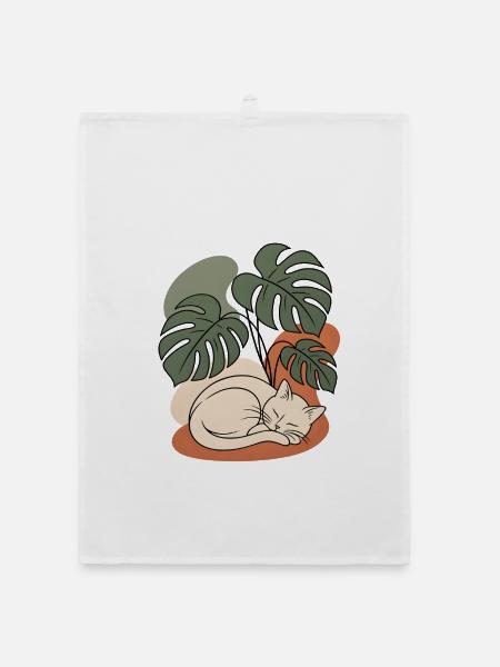 Boho-Schlafkatze Monstera-Pflanze - Organic Geschirrtuch - Weiß
