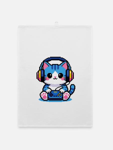8-Bit Gamer Cat — Retro-Pixelkunst - Organic Geschirrtuch - Weiß - Vorne