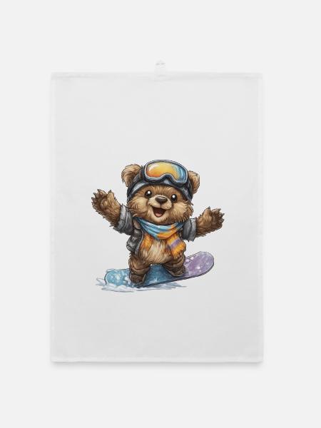 Snowboardbär im Winter - Organic Geschirrtuch - Weiß