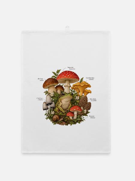 Pilze und Frosch Vintage Design - Organic Geschirrtuch - Weiß