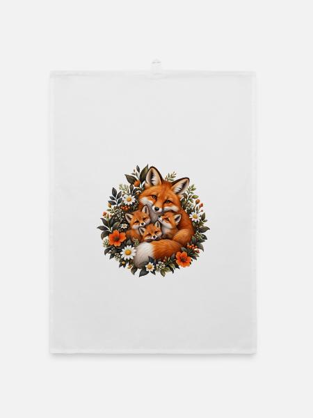 Süßer Fuchs Mit Seinen Fuchs-Babys - Organic Geschirrtuch - Weiß