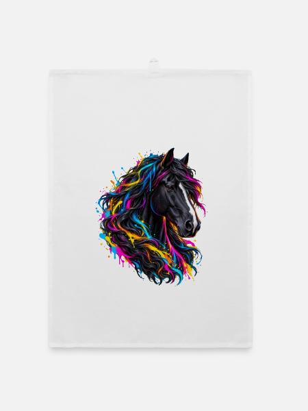 Schwarzes Pferd – Bunte Neon Graffiti Kunst - Organic Geschirrtuch - Weiß