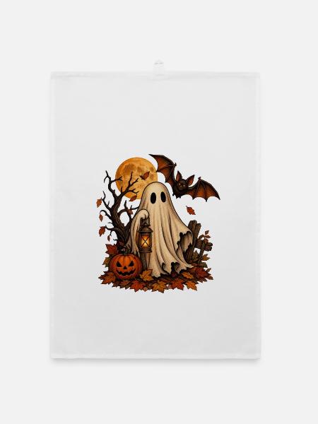Vintage Halloween: Geist, Kürbis und Fledermaus - Organic Geschirrtuch - Weiß