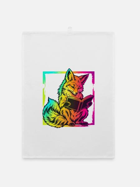 Lesender Fuchs – Neon Pop Art Bücherliebe - Organic Geschirrtuch - Weiß - Vorne