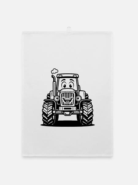 Niedlicher Cartoon Farm Traktor Kinder Schwarzweiß Grafik-Tee - Organic Geschirrtuch - Weiß - Vorne