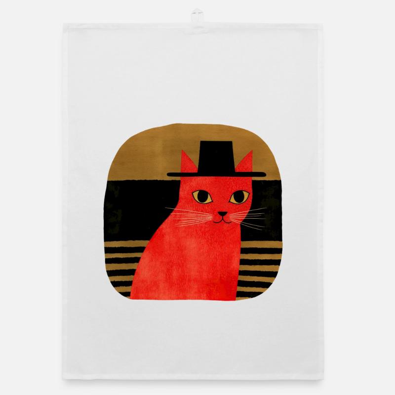 Rote Katze mit Hut Retro Art - Organic Geschirrtuch - Weiß
