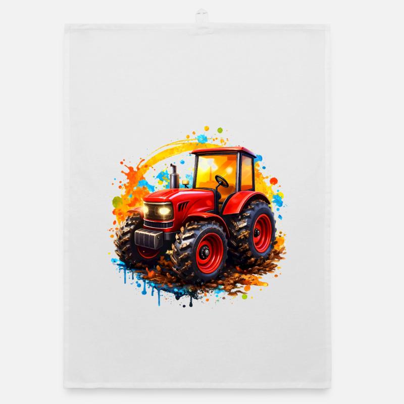 Red tractor with paint splashes Organic dish towel