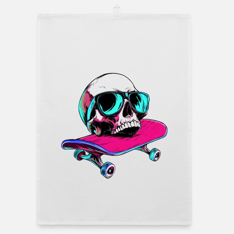 Totenköpfe Skateboard - 1990 - Organic Geschirrtuch - Weiß