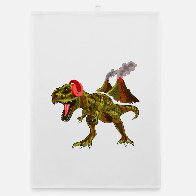 Dinosaurier mit Kopfhörern vor Vulkan Organic Geschirrtuch