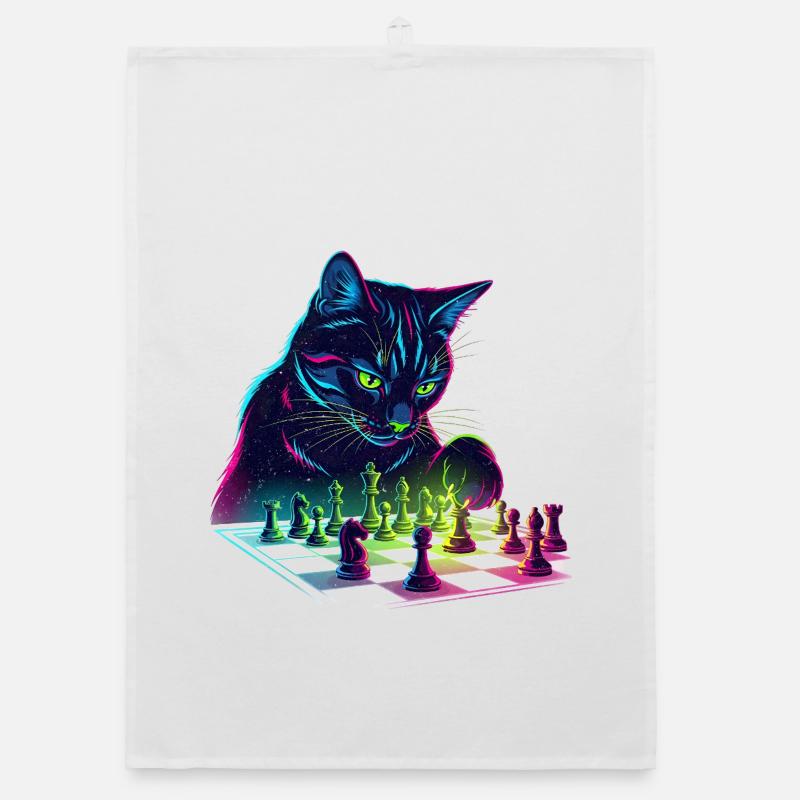 Neon Black Cat Chess Design Organic dish towel