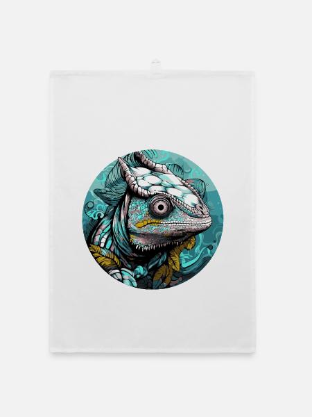 Chamäleon Kopf Türkis Illustration - Organic Geschirrtuch - Weiß - Vorne