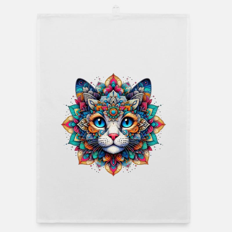 Chat décoré de Mandalas - Torchon bio - blanc