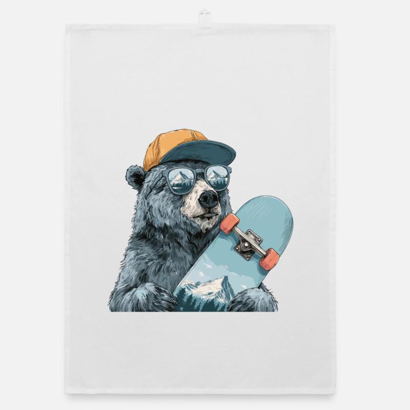 Bear Skater with Mountain Reflection Organic dish towel