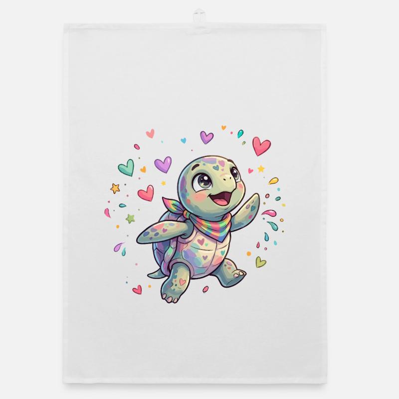 Regenbogen Turtle mit Herzmustern - Organic Geschirrtuch - Weiß