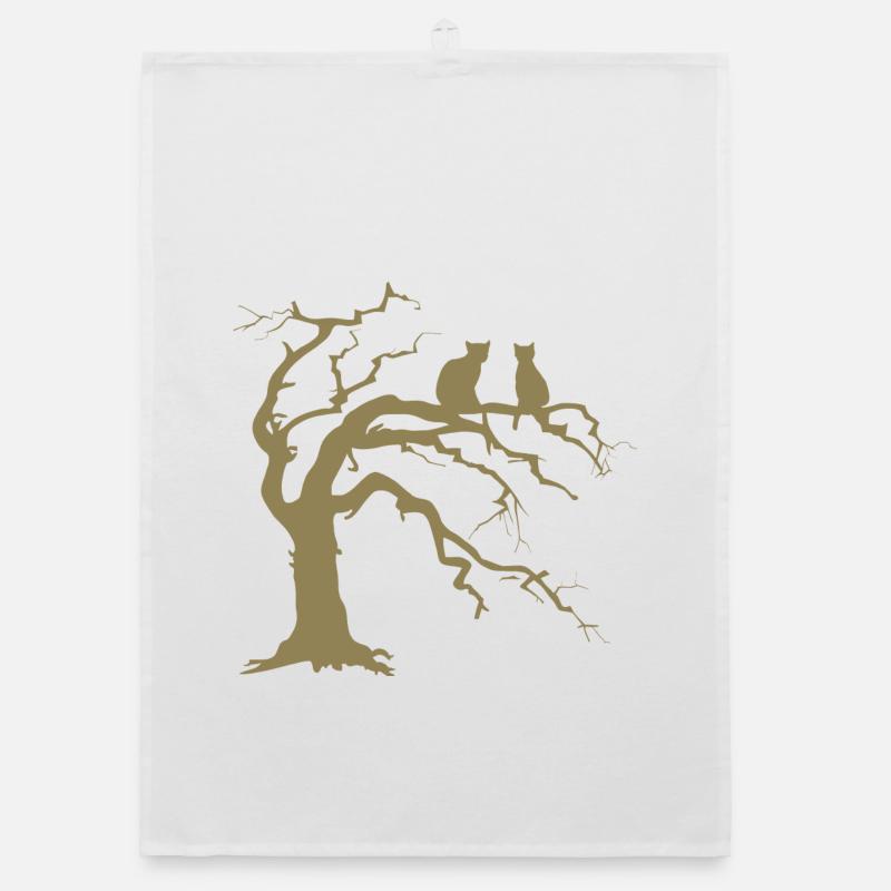 Dead tree with 2 cats silhouette Organic dish towel