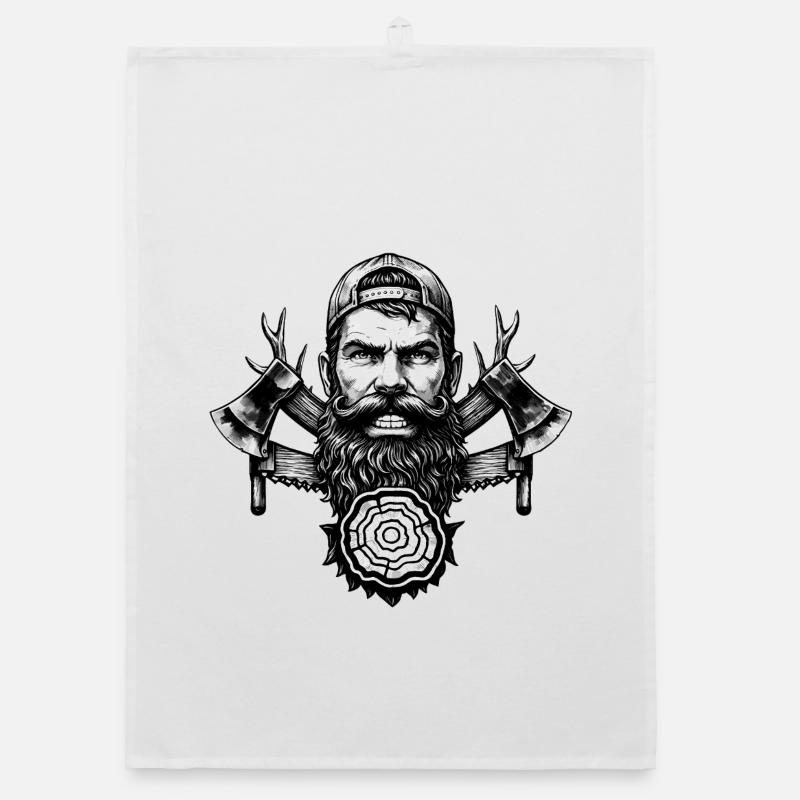 Lumberjack with beard, axes and tree trunk Organic dish towel