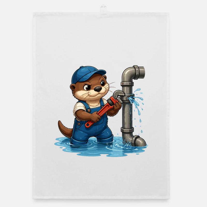 Plumber otter with pipe tool Organic dish towel