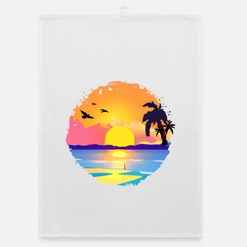 Aquarelle de plage de coucher de soleil d’été Torchon bio