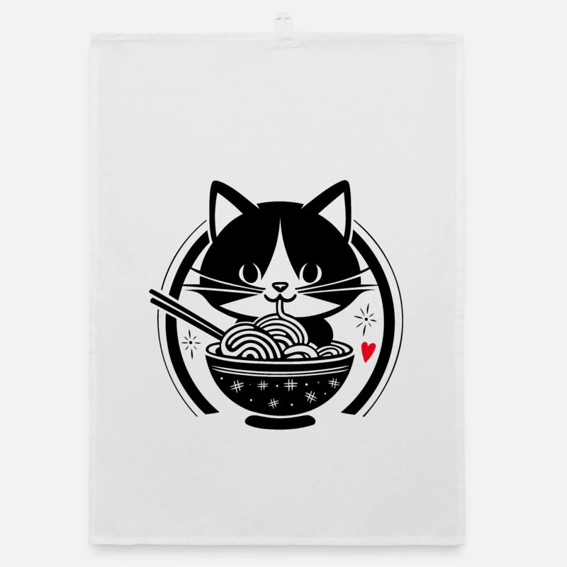 Kawaii Cat Eats Ramen – Cute Japanese Design - Organic dish towel - white
