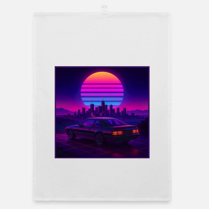Neon Outrun Sunset Car – Retro Synthwave Organic dish towel