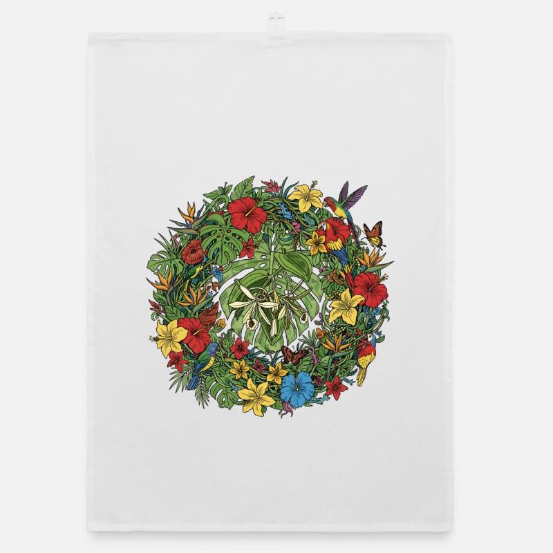 Couronne de fleurs tropicales avec des oiseaux Torchon bio