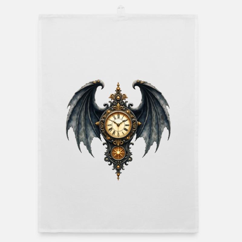 Ornamental Gothic winged clock Organic dish towel