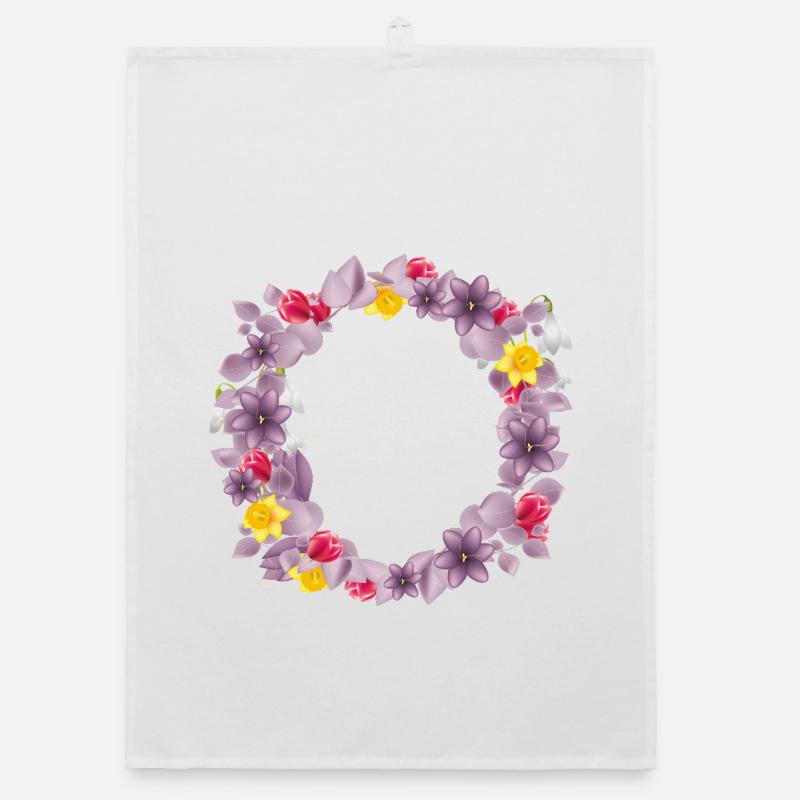 Dusty pink eucalyptus wreath with delicate spring blossoms Organic dish towel