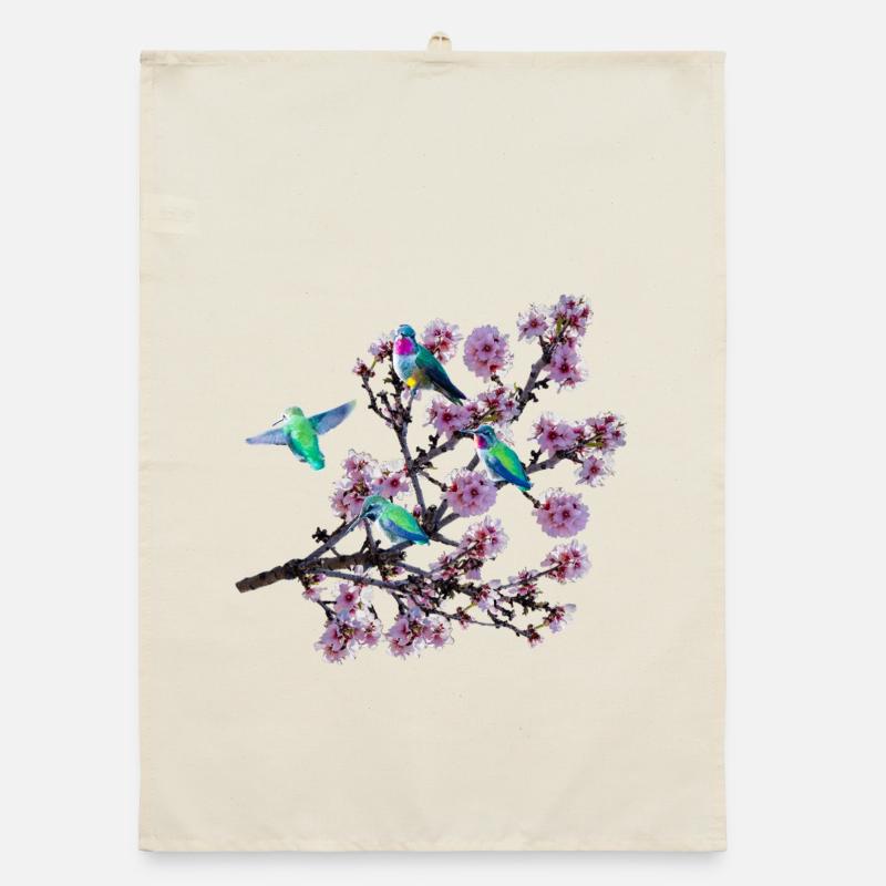 Colibri sous différents angles, fleurs d’amandier Torchon bio