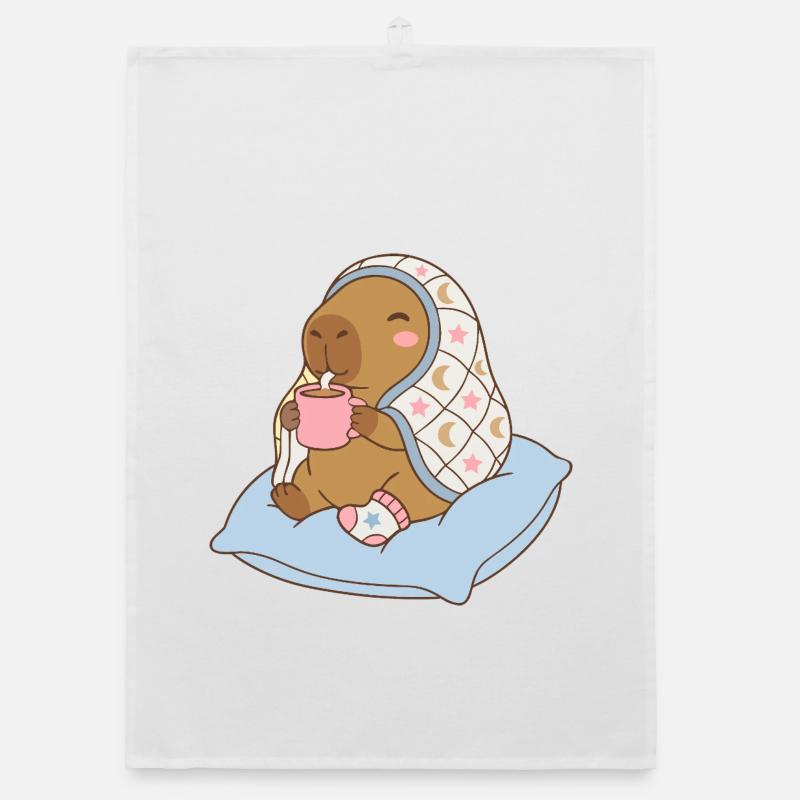 Cozy Night Capybara on a pillow sipping cocoa  Organic dish towel