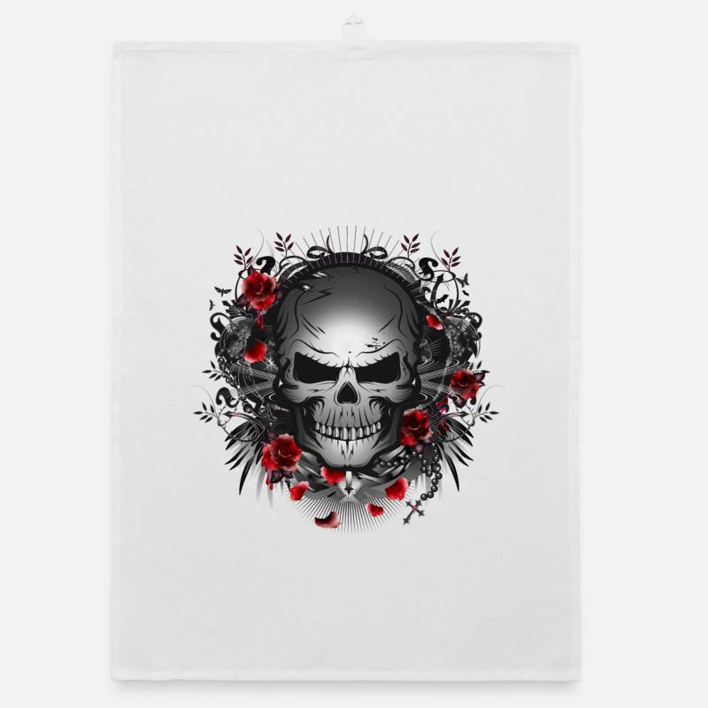 dark gothic skull with red roses Organic dish towel