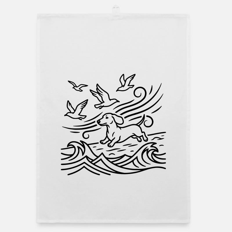 Dachshund on the beach Seagulls Waves Sea Moin Organic dish towel