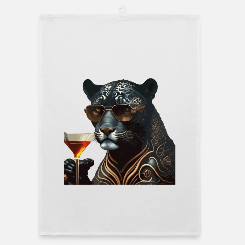 Panthère chic avec lunettes de soleil et boisson Torchon bio