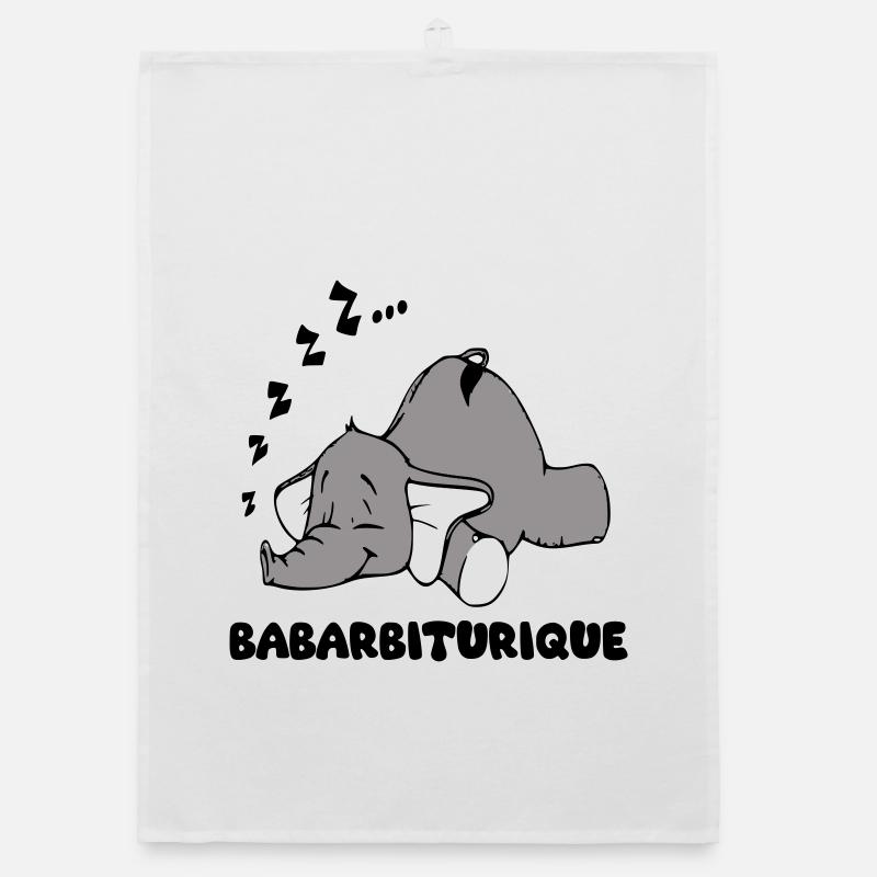 Sleeping Elephant with the title babarbituric Organic dish towel