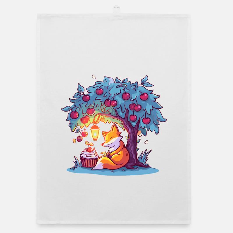 Cherry tree fox at lantern Organic dish towel