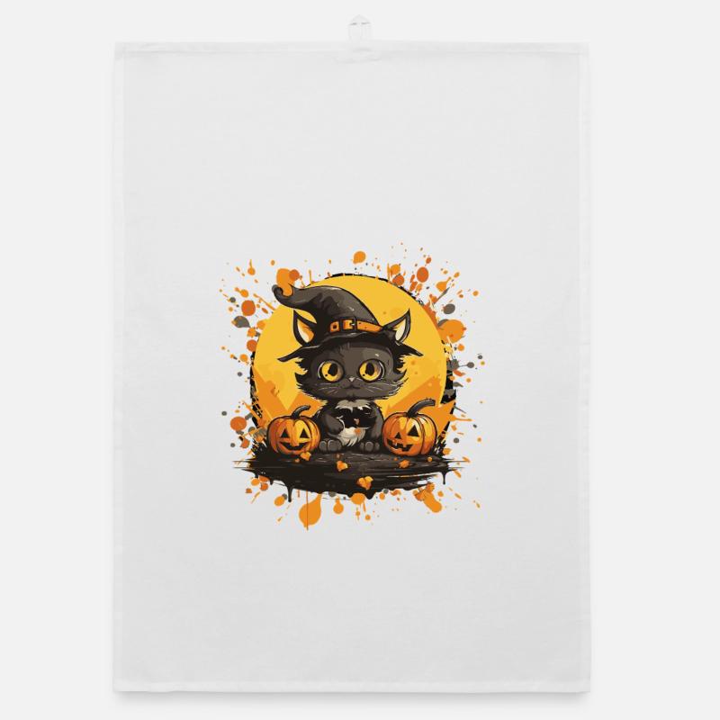 Chat d’Halloween avec citrouille Torchon bio