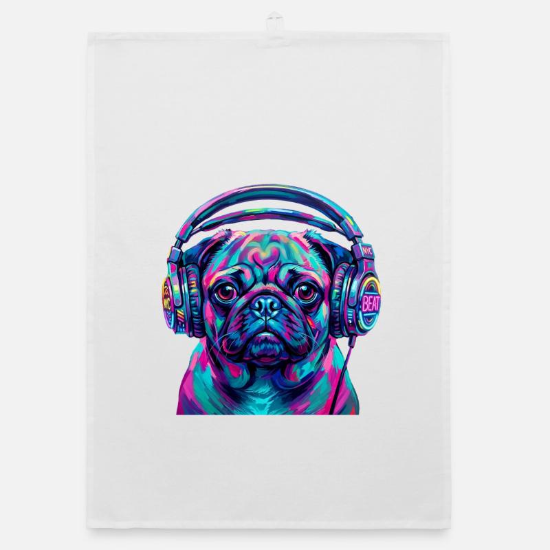 Pop Art Mops mit Kopfhörer Neon DJ Hund Organic Geschirrtuch