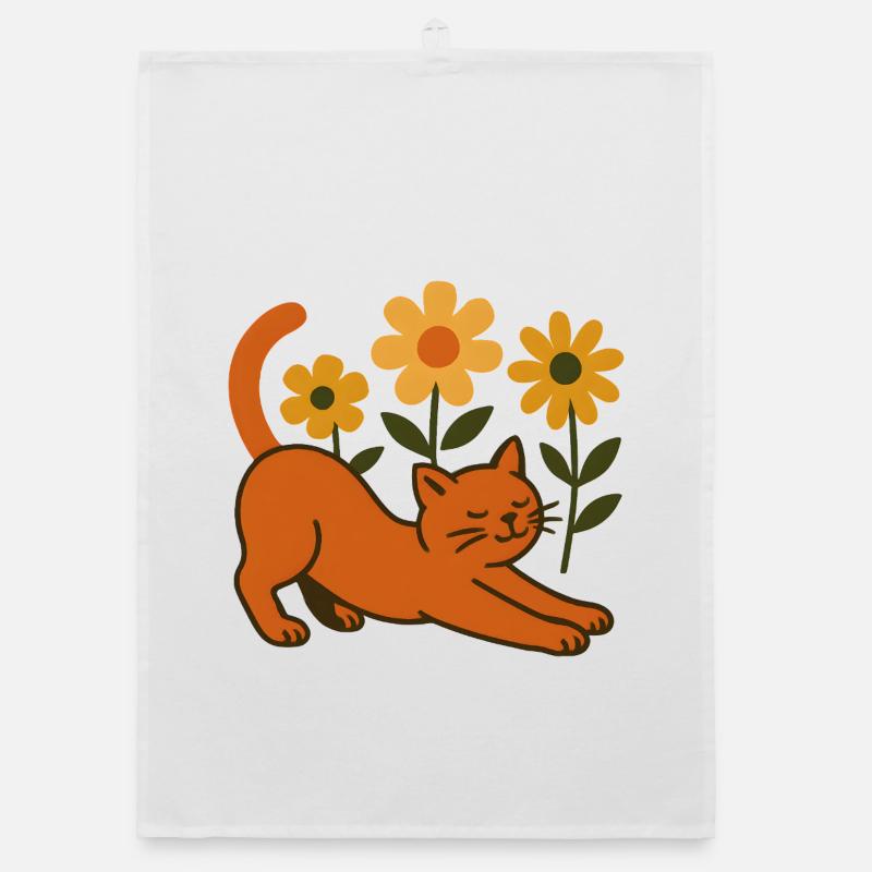 Chat orange dans une mer de fleurs Torchon bio