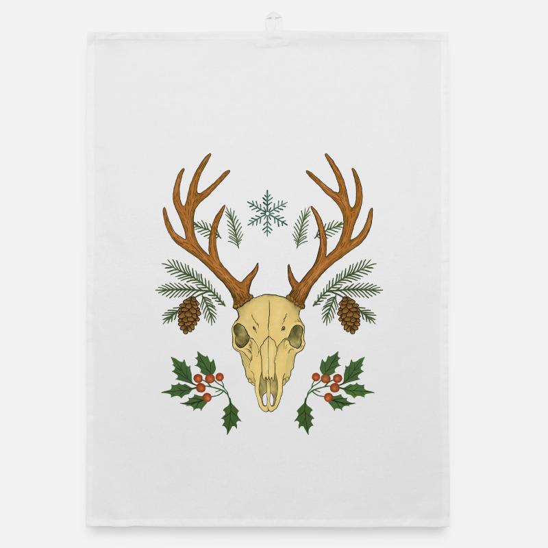Winter Deer Skull Crest - Organic dish towel - white