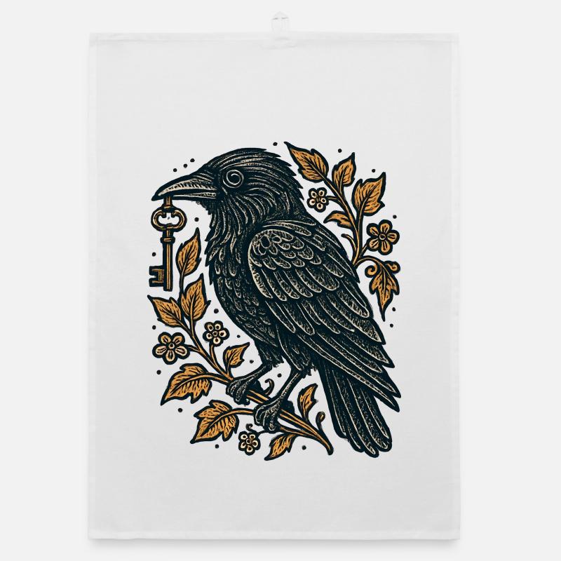 Corbeau avec Clé et Feuillage Torchon bio